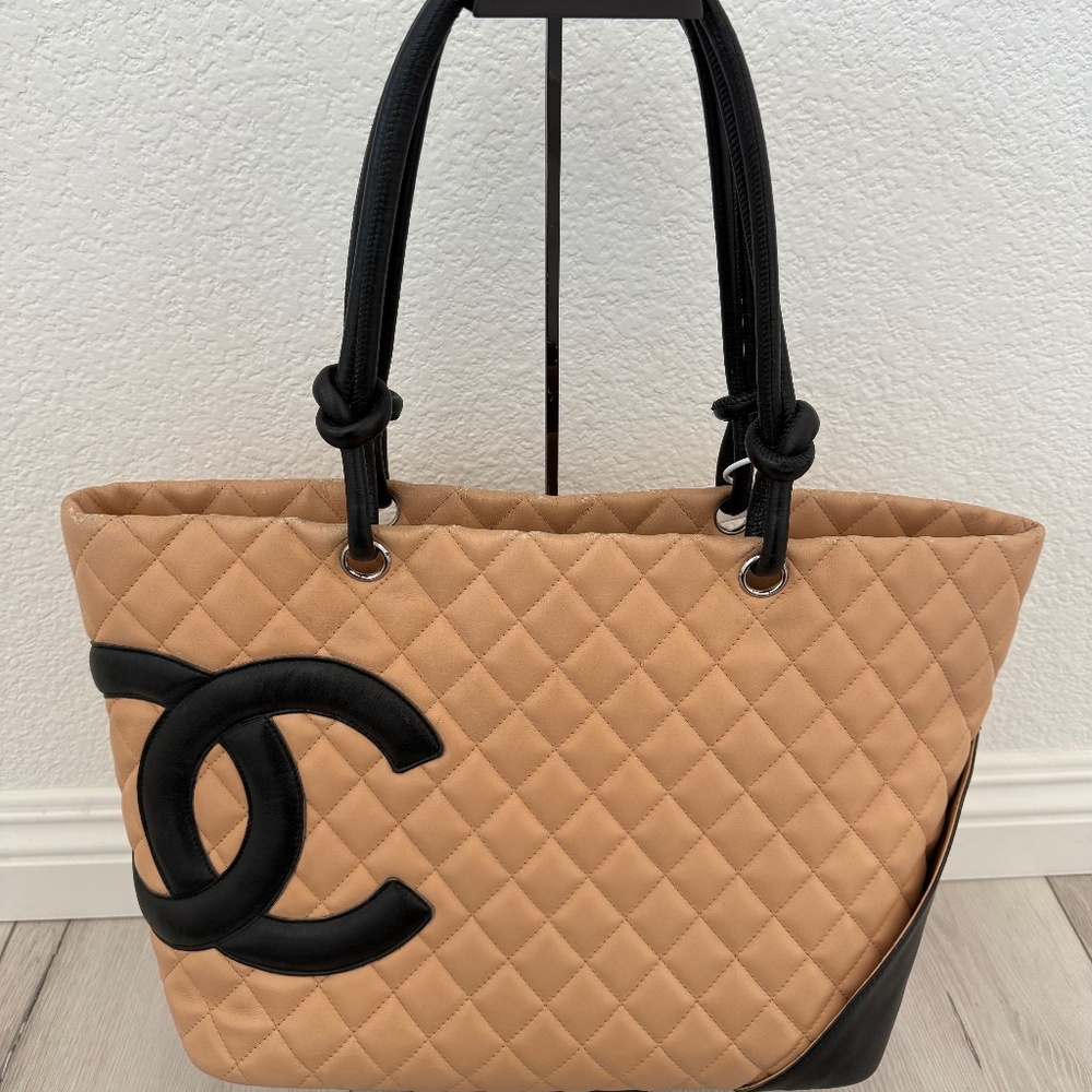 Chanel Beige and Black Quilted Cambon Tote